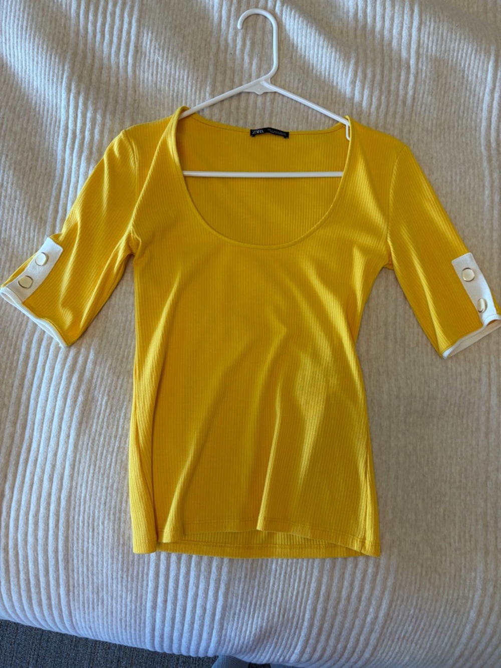 Zara Yellow Ribbed Scoop Neck Top with White Button Cuff